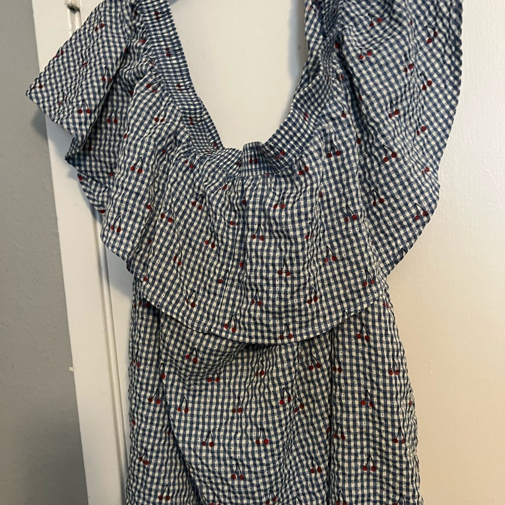 Unique Vintage cherry print Off the Shoulder gingham top